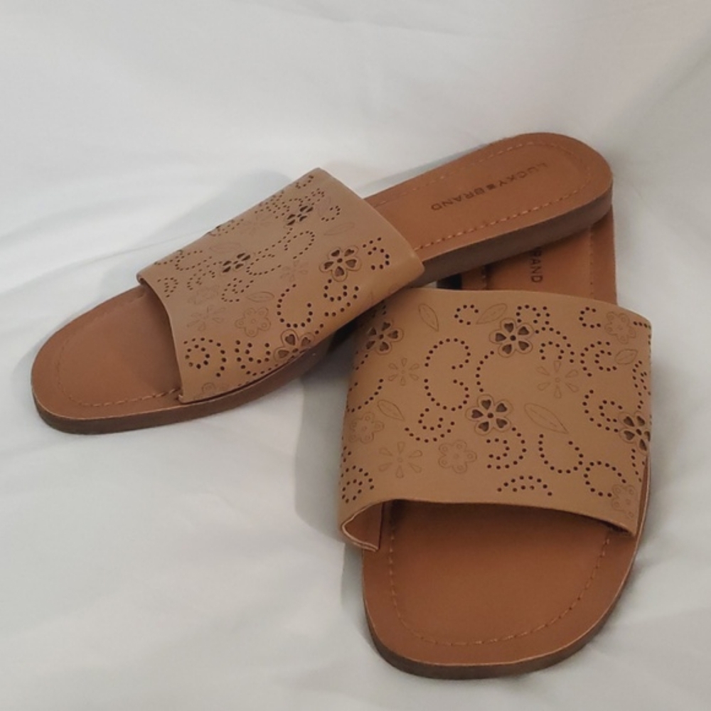 Lucky Brand Womens Slip On Slides Sandals Flats Floral Tan Brown Womens 8.5